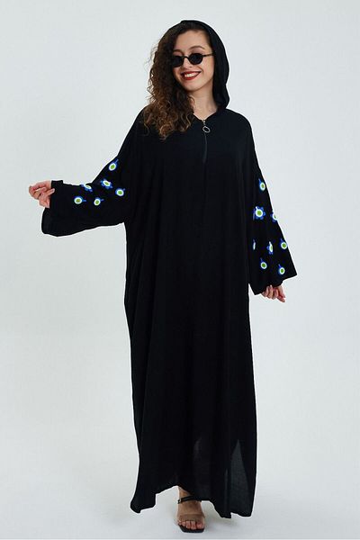 Eceyaman moda Women's Black Back and Sleeves Embroidered Hooded Large Size Large Dress