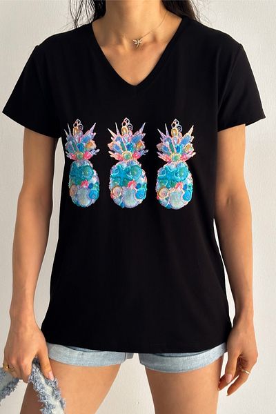FEMELLE Tricou de damă, negru, cu decolteu în V, cu paiete de ananas, brodat 100% bumbac