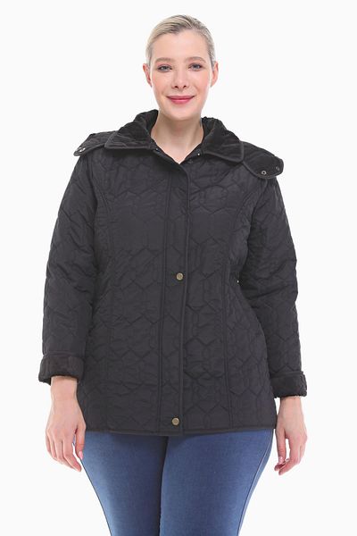 VETRE Women's Large Size Hooded 75 Cm Black Quilted Coat 1014