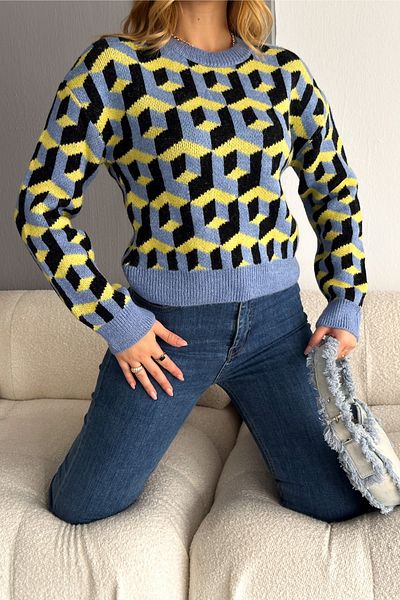 FEMELLE Pulover scurt din tricotaje cu model bloc de mărime standard