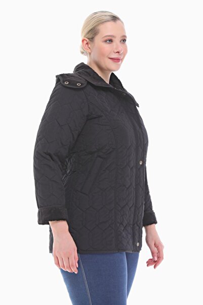 VETRE Women's Large Size Hooded 75 Cm Black Quilted Coat 1014