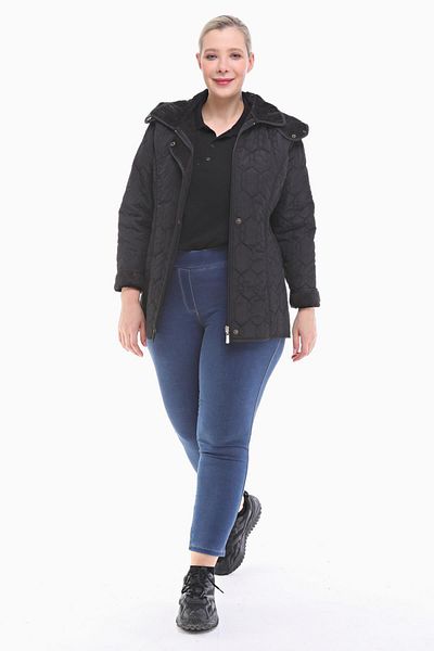 VETRE Women's Large Size Hooded 75 Cm Black Quilted Coat 1014