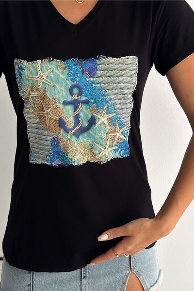 FEMELLE Tricou de damă, negru, cu decolteu în V, stea de mare, cu paiete brodat, 100% bumbac