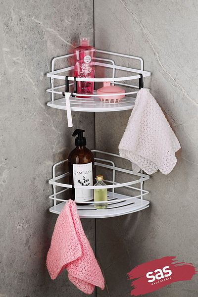 Sas Haus Stainless Crystal Shelf and Shampoo Holder Corner Bathroom Organizer - Adhesive, Hanging 2 Pcs. Lk-01 B