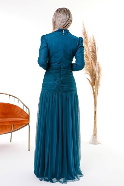 Asees Esnek Tül Baseni Büzgülü Tesettür Elbise