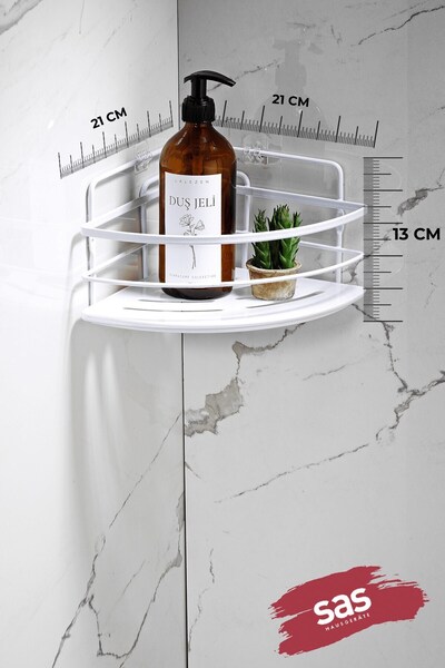 Sas Haus 2-Piece Adhesive Bathroom Shower Corner Shelf with Hooks, Adjustable Crystal Shelf (Stick-On/Screw-On) White-White