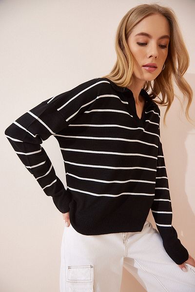 My love butik Pulover de damă, cu guler polo cu dungi negre, tricotaj sezonier