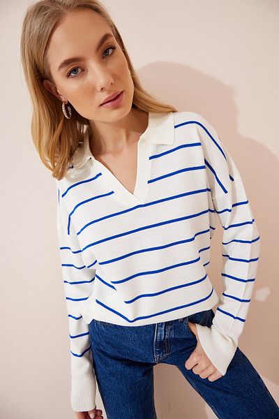 My love butik Women's Ecru Dark Blue Striped Polo Collar Seasonal Knitwear Sweater