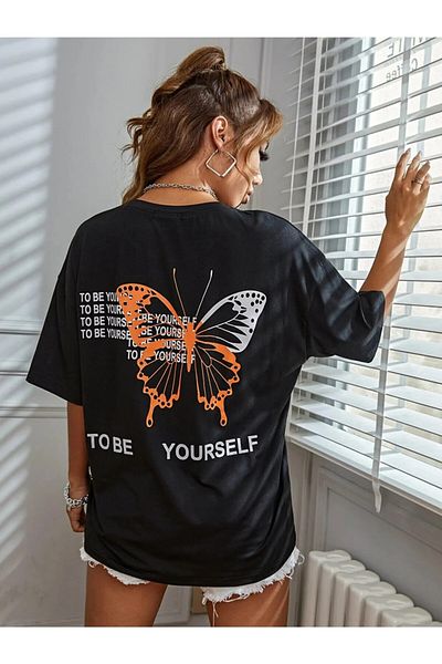 Revasser Tricou din bumbac pieptănat supradimensionat, cu imprimeu personalizat, negru To Be Yourself