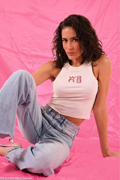 Laluvia Ecru-Salmon Halter Collar Wang Glitter Embroidered Undershirt