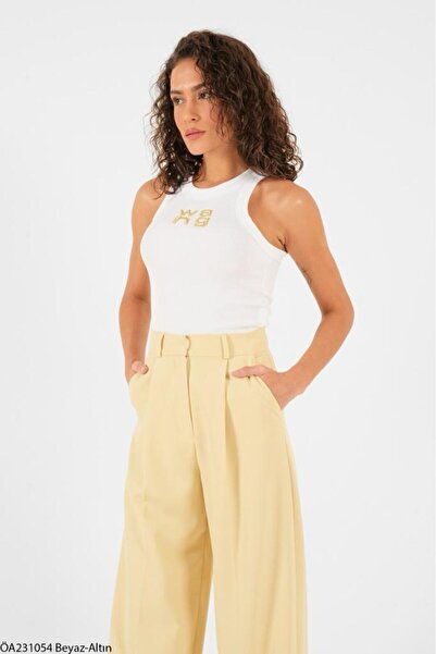 Laluvia White-Gold Halter Neck Wang Silvery Embroidered Undershirt