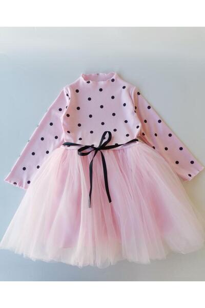Wianna Kız Bebek Çocuk Prenses Kabarık Tütü Uzun Kol Elbise Puantiyeli Esnek Likralı