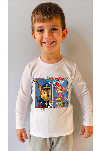 PHAMUK Uzun Kollu Beyaz Bisiklet Yaka Paw Patrol Baskılı Pamuklu Erkek Sweats...