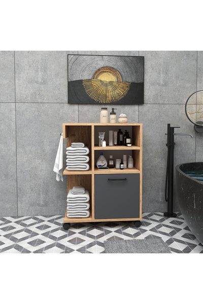 ARNETTİ Rebusa Dolaplı 4 Raflı Tekerlekli Çok Amaçlı Banyo Dolabı, Atlantik Çam Antrasit - Rebusa