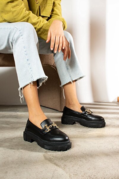 Nstil Casual Black Women's Loafer Classic Thick Sole Gold Buckle Oval Toe Moccasin Shoes 430