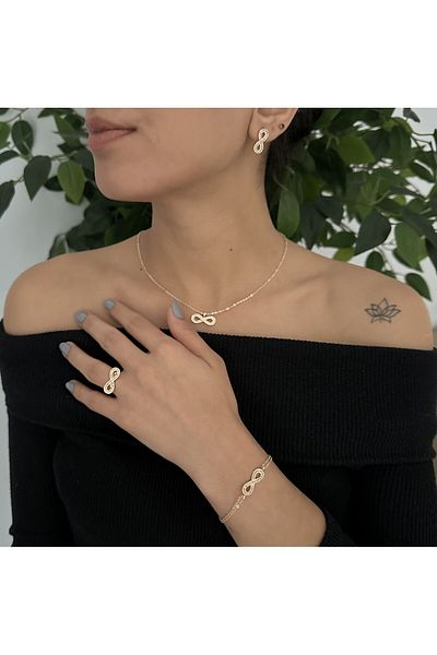 Polo Air Zircon Stone Infinity Necklace Bracelet Earring Ring Set Yellow Color