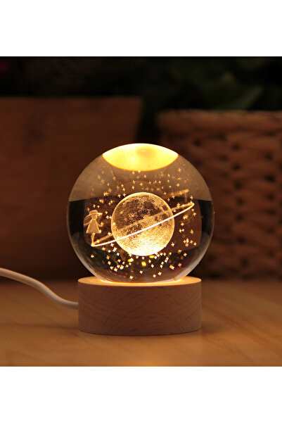 HEDİYEBİZİZ Satürn Kız 3D Boyutlu Kristalleşmiş Cam Ahşap Standı Gece Lambası Kablolu