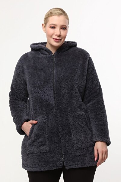 tarzımsüper Large Size Warm Plush Sweat Zippered Hooded 2 Pockets Knitted Plush Fleece Sweatshirt
