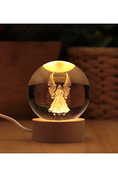 HEDİYEBİZİZ Kanatlı Melek 3 Boyutlu Kristalleşmiş Cam Ahşap Işıklı Küre Lamba