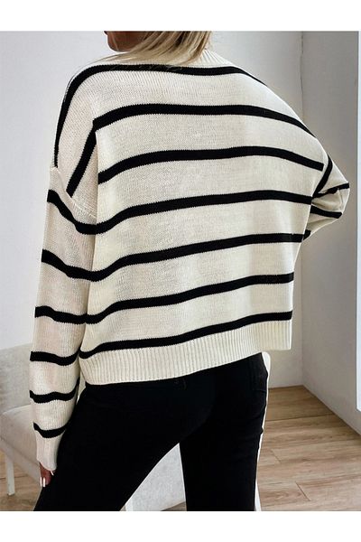 Dier Moda Women's White Oversize Striped Knitwear Sweater, Striped Sweater