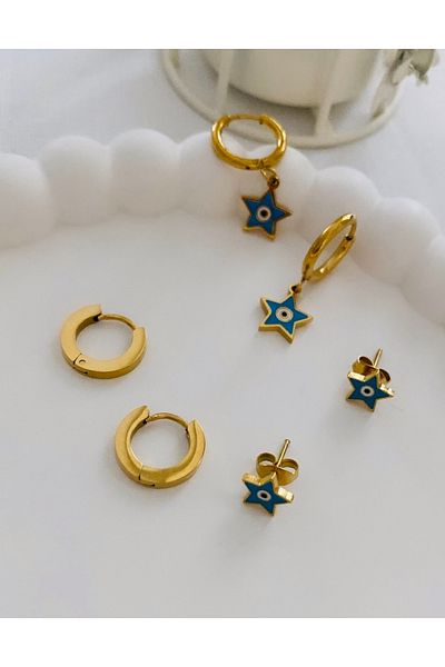 VNS Accessories Star Pattern Steel Evil Eye Earrings Set