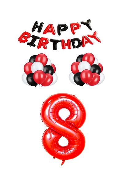 BEST PARTİ DOĞUM GÜNÜ PARTİ SÜSLERİ Black Red Happy Birthday Red Number Foil and Latex Balloon Set Age 8