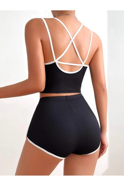 Fancy&Dancy Woman's Black Camisole Fabric Back Detailed Bustier Shorts Set