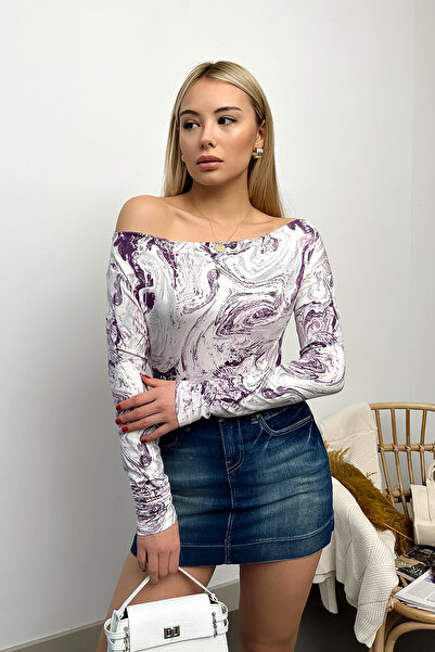 LACHT Bluză de damă, sezon nou, cu gât de barcă, cu mânecă lungă, mov crem, v...