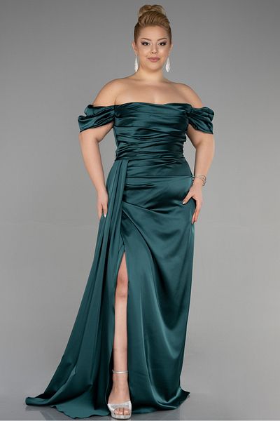 Abiyefon Long Emerald Green Boat Neck Leg Low-cut Satin Plus Size Evening Dress Abu1626