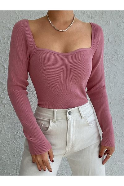 Kokosh moda Γυναικεία ροζ πλεκτή μπλούζα με τετράγωνο λαιμό 2042