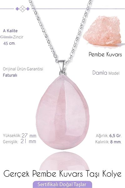 Tesbih Atölyesi Certified Drop Model Pink Quartz Stone Necklace - Light Color