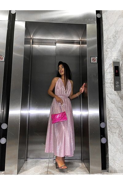 Gülşah Evecen Special Design Dusty Pink Glitter Midi Dress