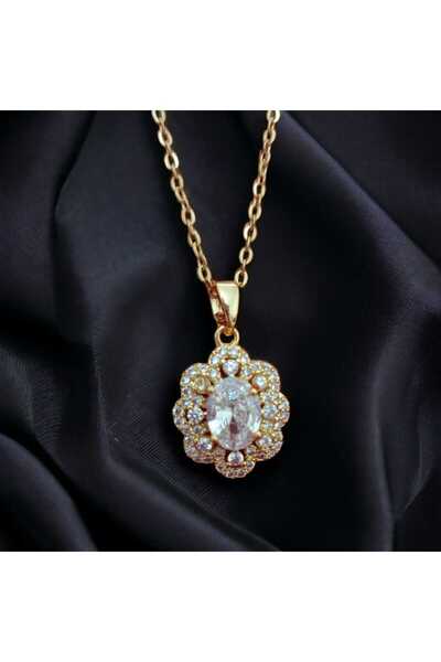 BS JEWELRY قلادة من الفولاذ بتصميم بيضاوي من حجر الزركون