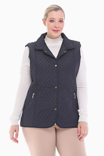 VETRE Women's Large Size Polo Collar Navy Blue Quilted Vest 1028