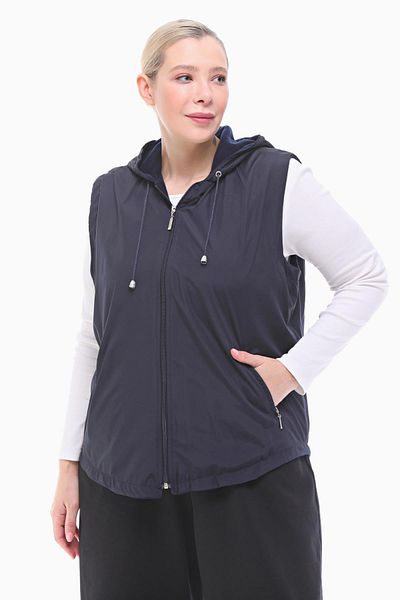 VETRE Women's Large Size Hooded Navy Blue Fleece Vest 1026