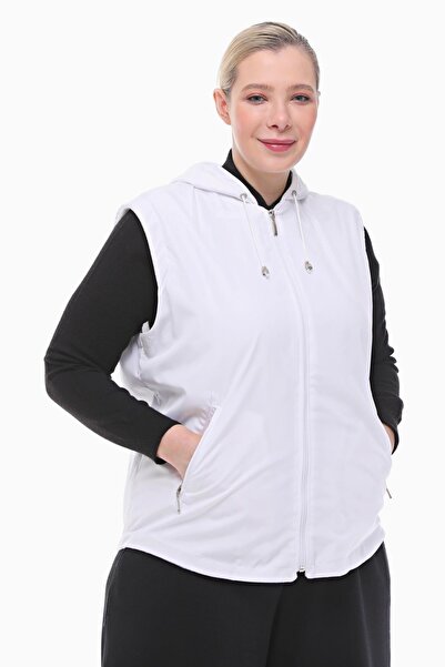 VETRE Women's Large Size Hooded White Fleece Vest 1026