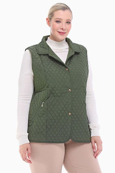 VETRE Women's Large Size Polo Collar Khaki Quilted Vest 1028