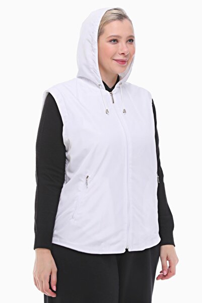 VETRE Women's Large Size Hooded White Fleece Vest 1026