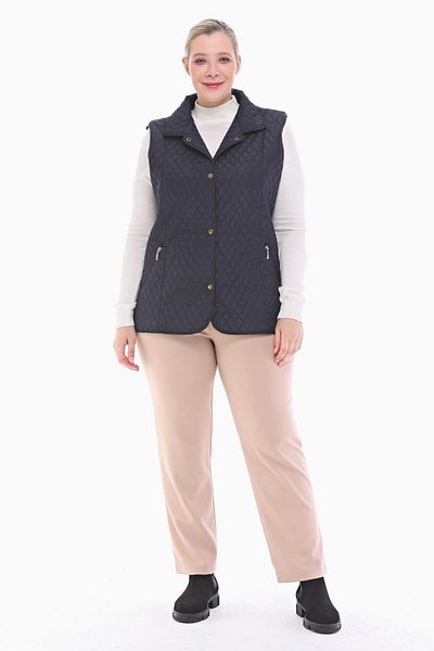 VETRE Women's Large Size Polo Collar Navy Blue Quilted Vest 1028