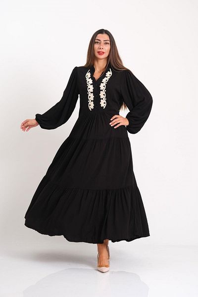 Keyifli Moda Women's Black Front Embroidered Balloon Sleeve Skirt Layered Long Dress