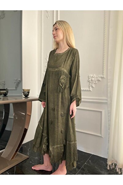 Bohemian Antik Görünümlü Taşlanmış Pamuk Otantik Uzun Elbise