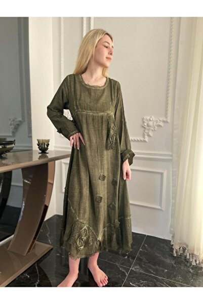 Bohemian Antik Görünümlü Taşlanmış Pamuk Otantik Uzun Elbise