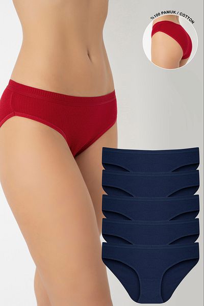 Ramior Set of 5 100% Cotton Ribbed Special Waist Bikini Panties