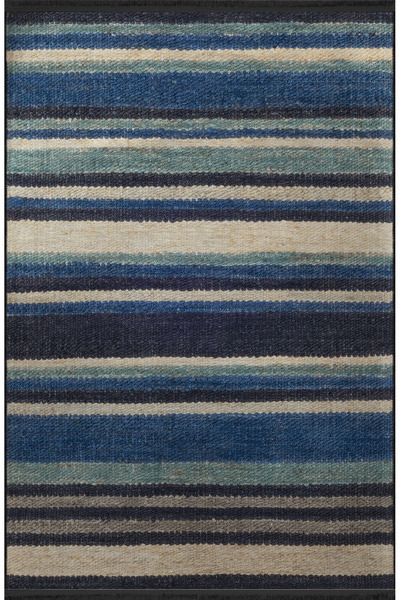 Rugs Modern Halı Mavi Temalı Şerit Çizgi Desenli Saçaklı Modern Dekoratif Hal...