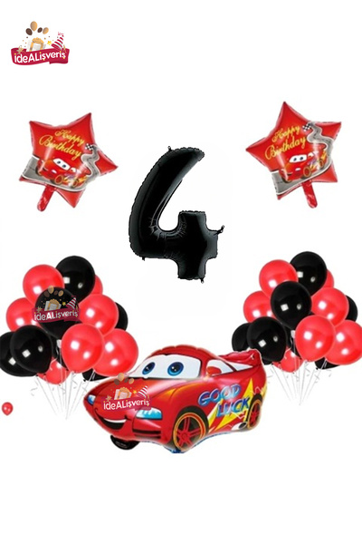 Bkmc Set de petrecere de aniversare Car Star 4 ani foliat negru roșu