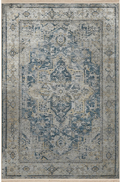 Rugs Modern Halı Gri Mavi Temalı Geleneksel Motif Desenli Saçaklı Vintage Dek...