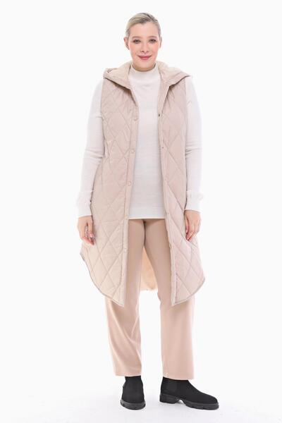 VETRE Women's Large Size Puffer Light Beige Quilted Vest 1035