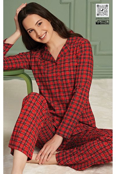 Over Sleep by Poleren Red Plaid Shirt Collar Long Sleeve Women's Pajamas Set