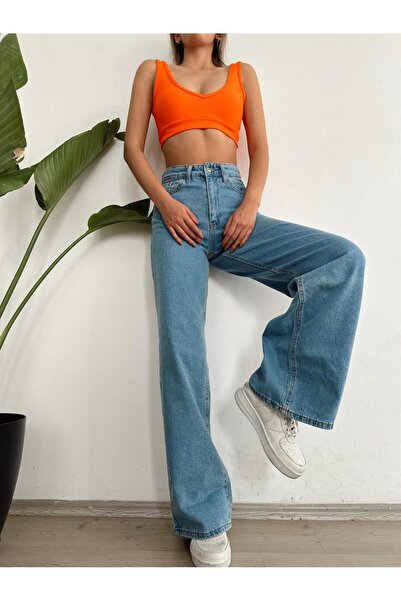 LİMABEL ارتفاع الخصر جوليا الأزرق بالازو الجينز الأزرق الجينز