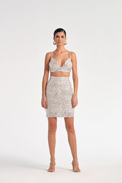 Nur OSKAY Gri Payetli Mini Etek